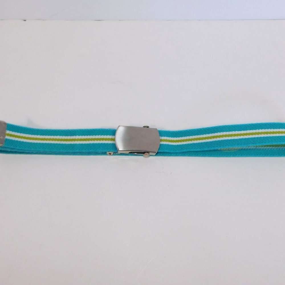 Vintage 80s Blue Green White Striped stretch Belt Metal lock buckle